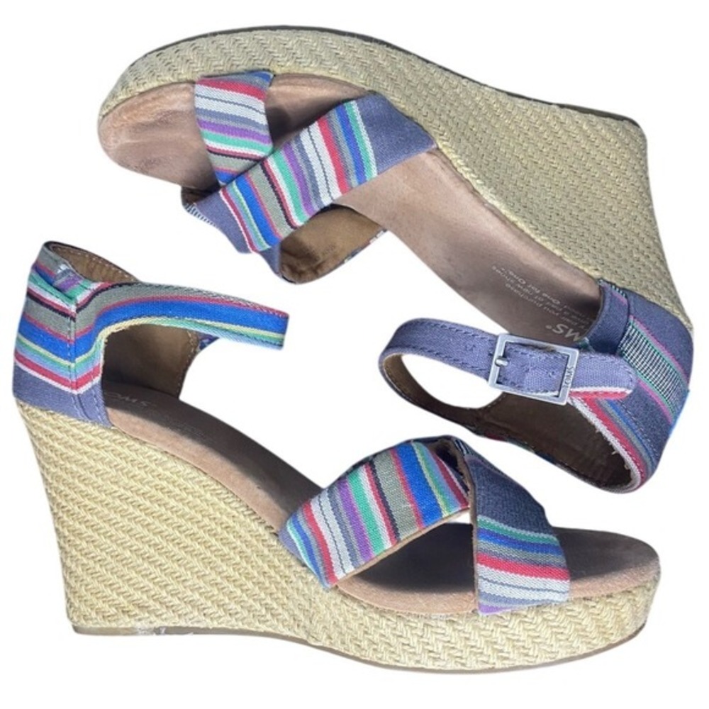 TOMS Women's‎ Multi Stripe Canvas Espadrille Wedge Heel Sandals Size 8.5